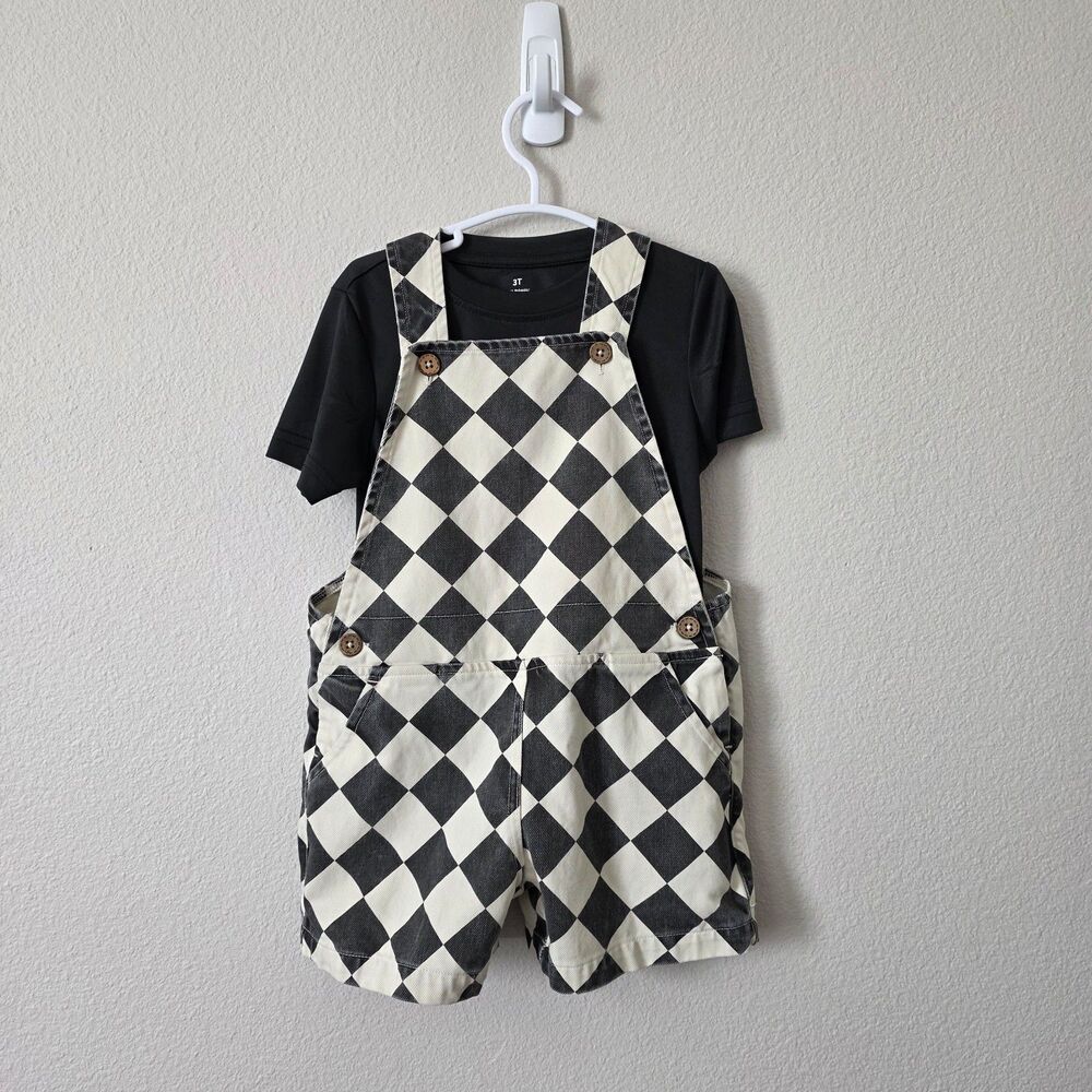 Olive Scout x Julie Sousa Checkerboard Overalls with Black Tee Size 3T